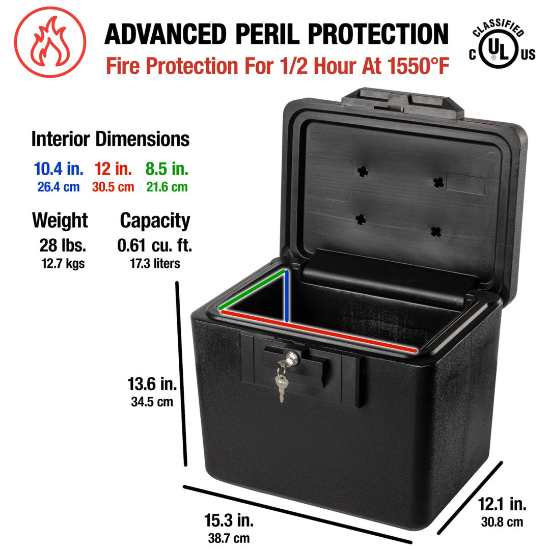 Small Black Fireproof File Cabinet, 13.6 in x 15.3 in x 12.1 in